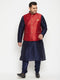 Vastramay Men's Plus Size Maroon Zari Weaved Nehru Jacket With Kurta Pyjama set